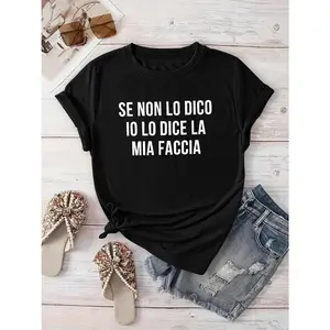 Phrase & Geometric Vibrant Purple Round Spring Summer Vacation Wear Women's Casual Short Sleeve T-Shirt with Italian