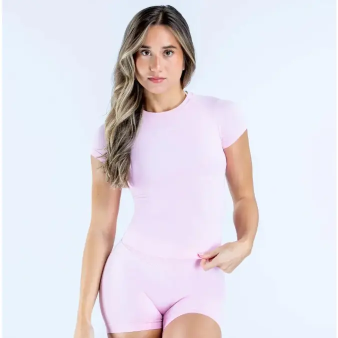 Women's Blush Pink Short Sleeve Seamless Workout Romper, Opaque Stretch Fabric, Tummy Control, Butt Lifting, Tightening, Squat Proof US Sizes XS-XL Athletic Jumpsuit for Gym & Everyday Athleisure