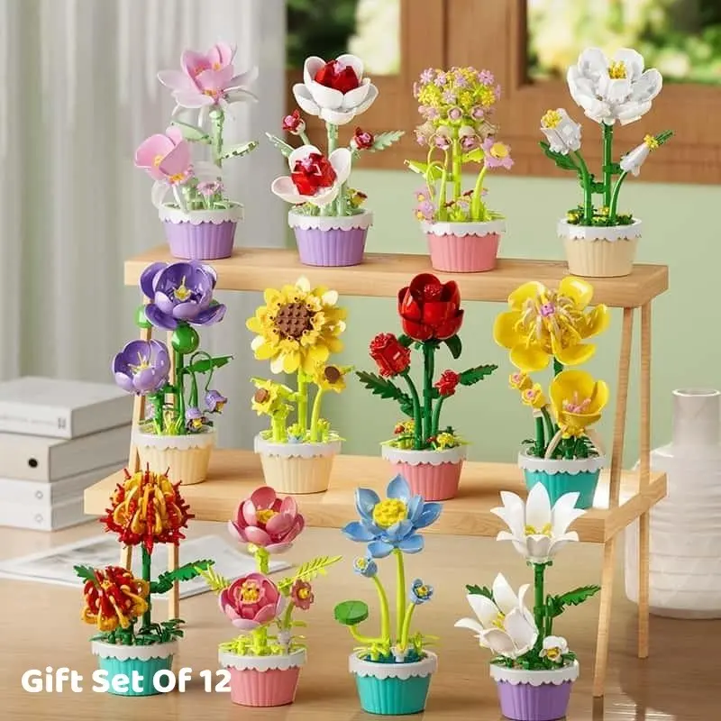 Set of 12 Micro particle building block bouquet, preserved flower, gift box set, cute home decoration, desktop ornament, versatile and original gift idea, holiday gift, birthday gift, Christmas gift, New Year gift, party decoration.