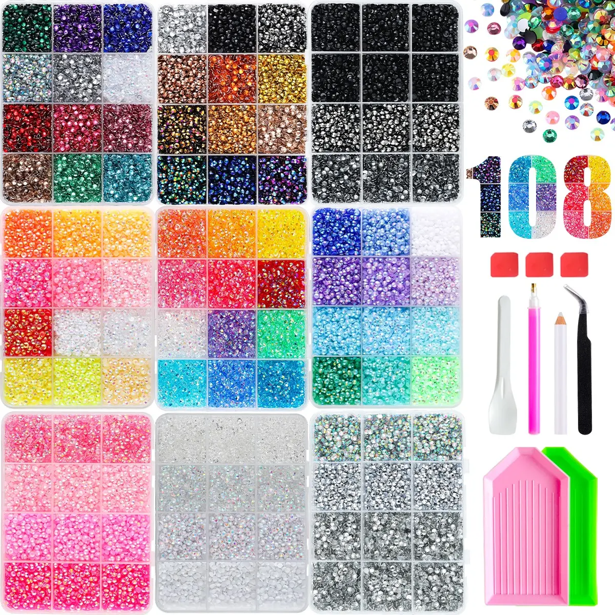 1Set 77000PCS 3mm Hot Sale AB Jelly Colored Bedazzling Nail Rhinestones Kit,108 Colors Shinny Semi-circular Flatback Resin Nail Diamond Jewelry DIY Headphones Phone Cases Cups Books Nail Art Crafts