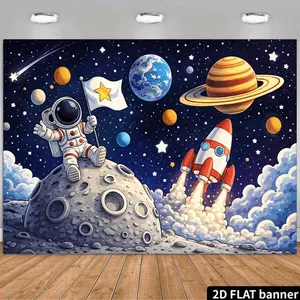 Galaxy Space Astronaut Backdrop, Cosmic Planets & Rocket Party Banner, Sci-Fi Universe Room Decor, Starry Sky Tapestry