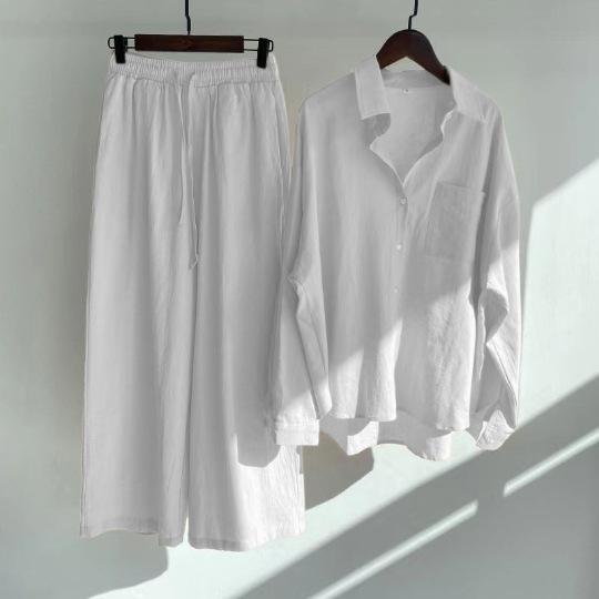 Ms. Xun's 2-piece Retro Plus Size 2026 Cotton Linen Shirt Set with High-waisted Loose Trousers