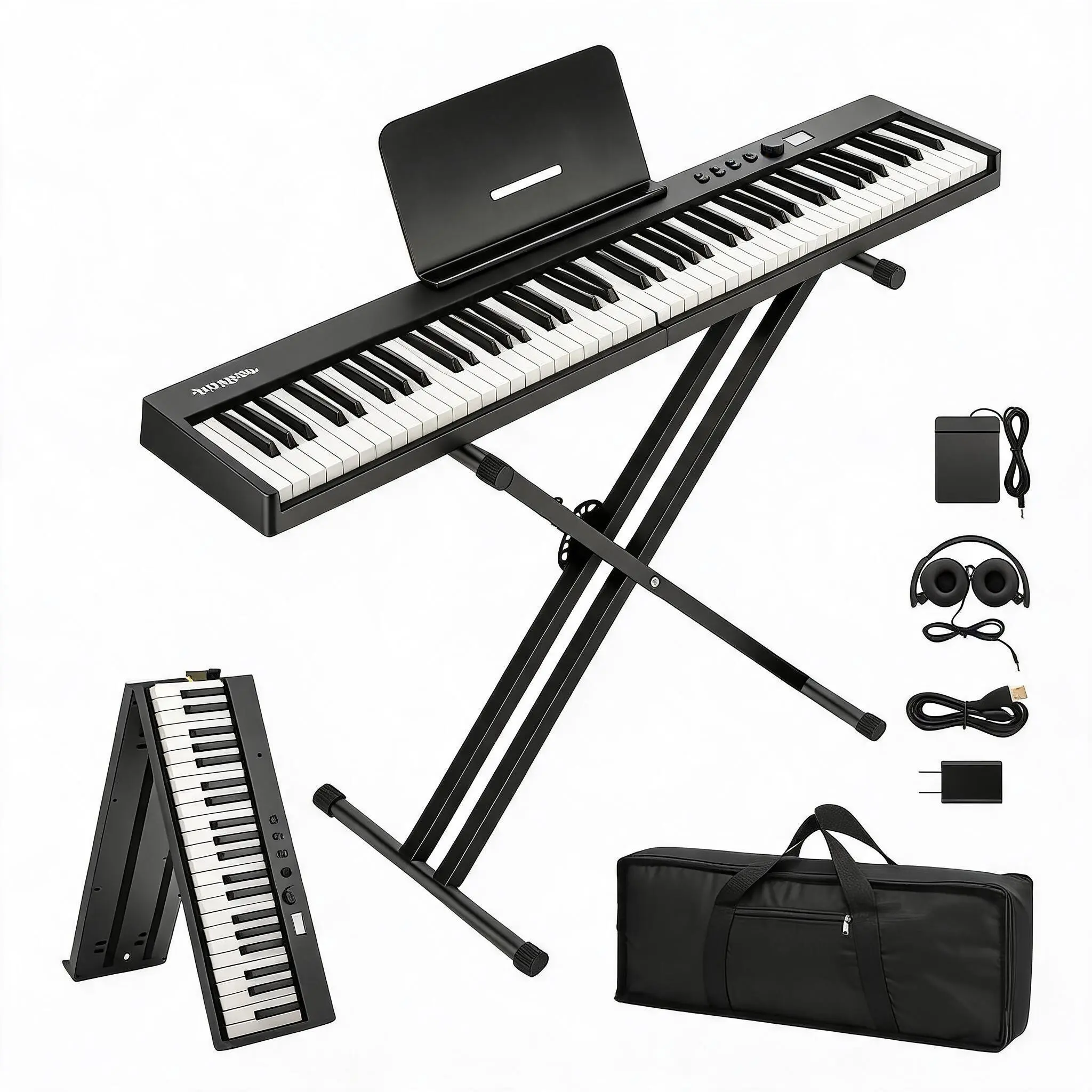 Digital Piano 88 Key Weighted Keyboard Piano, Full Size Electronic Piano with Piano Pedal, Power Adapter, Carrying Bag, Foldable Piano Keyboard Suitable for Beginners Adults
