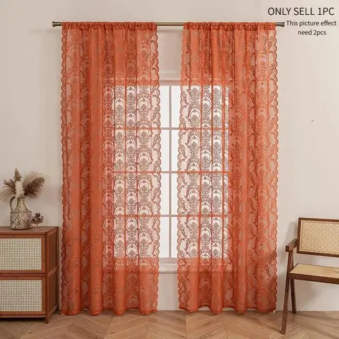 Pastoral Romantic Lace Sheer Curtains, Vintage Floral Embroidery Lantern Pattern Rod Pocket Semi-Sheer Window Drapes for Living Room Bedroom Balcony Office Home Decor, Easy Install Curtain, Home Decorative Curtain, Embroidered Curtain