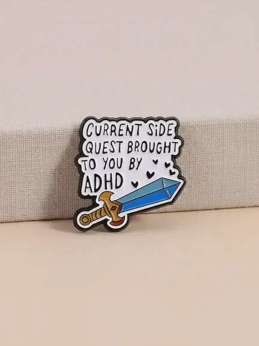 1pc ADHD Side Quest Letter Brooch Pin Neurodivergent Humor Funny Cartoon Sword Style Badge Enamel Alloy for Mental Health Accessory Backpack Decoration Neurodiversity Gift Humorous Quotes Lapel Pin Enamel Lapel Pins