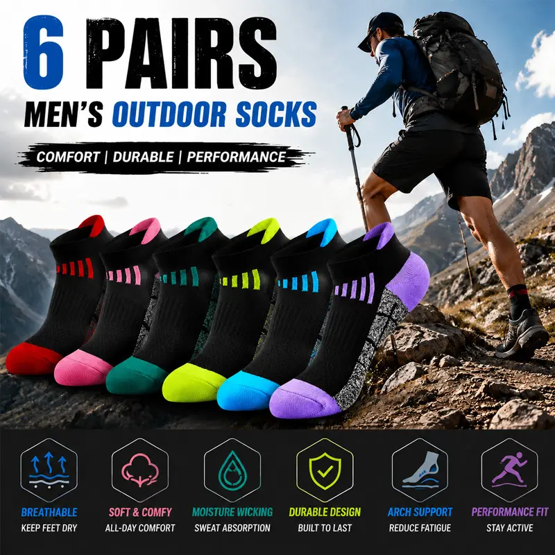 6 Pairs Low Cut Sports Socks, Breathable Cotton Knit with Thick Cushioning and Arch Support for Running, Walking, Gym & Outdoor Exercise