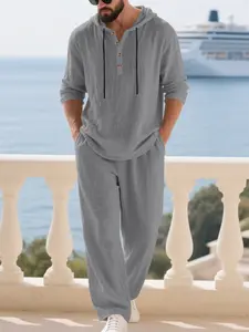 Men’s Crinkle Linen Hooded 2 Piece Set, Half Button Henley Long Sleeve Top + Elastic Drawstring Wide Leg Pants, Breathable Outfit for Beach Vacation Coastal Holiday Daily Wear