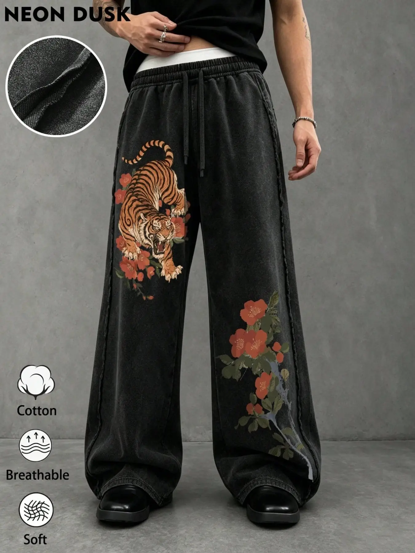 Harajuku Style Tiger and Flower Printed Wide Leg Sweatpants - Breathable Soft Drawstring Adjustable Baggy Pants Y2K Streetwear Aesthetic Skater Trousers