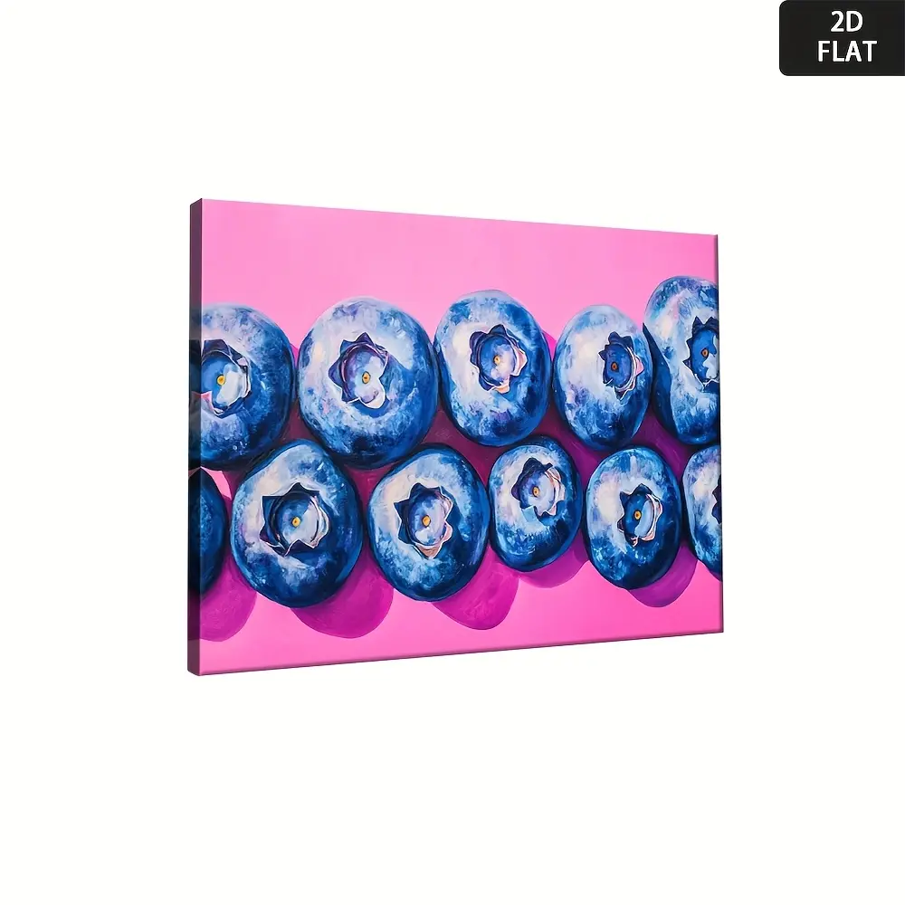 Artistic 2D Blueberry Fruit Framed Wall Decor - Colorful Style Wrinkle-Resistant Pink Canvas Poster with Wooden Frame, Customizable Size, Ready to Hang, Modern Farmhouse Kid Room Fantasy Vibe Decor, Juneteenth Canada Day Supply