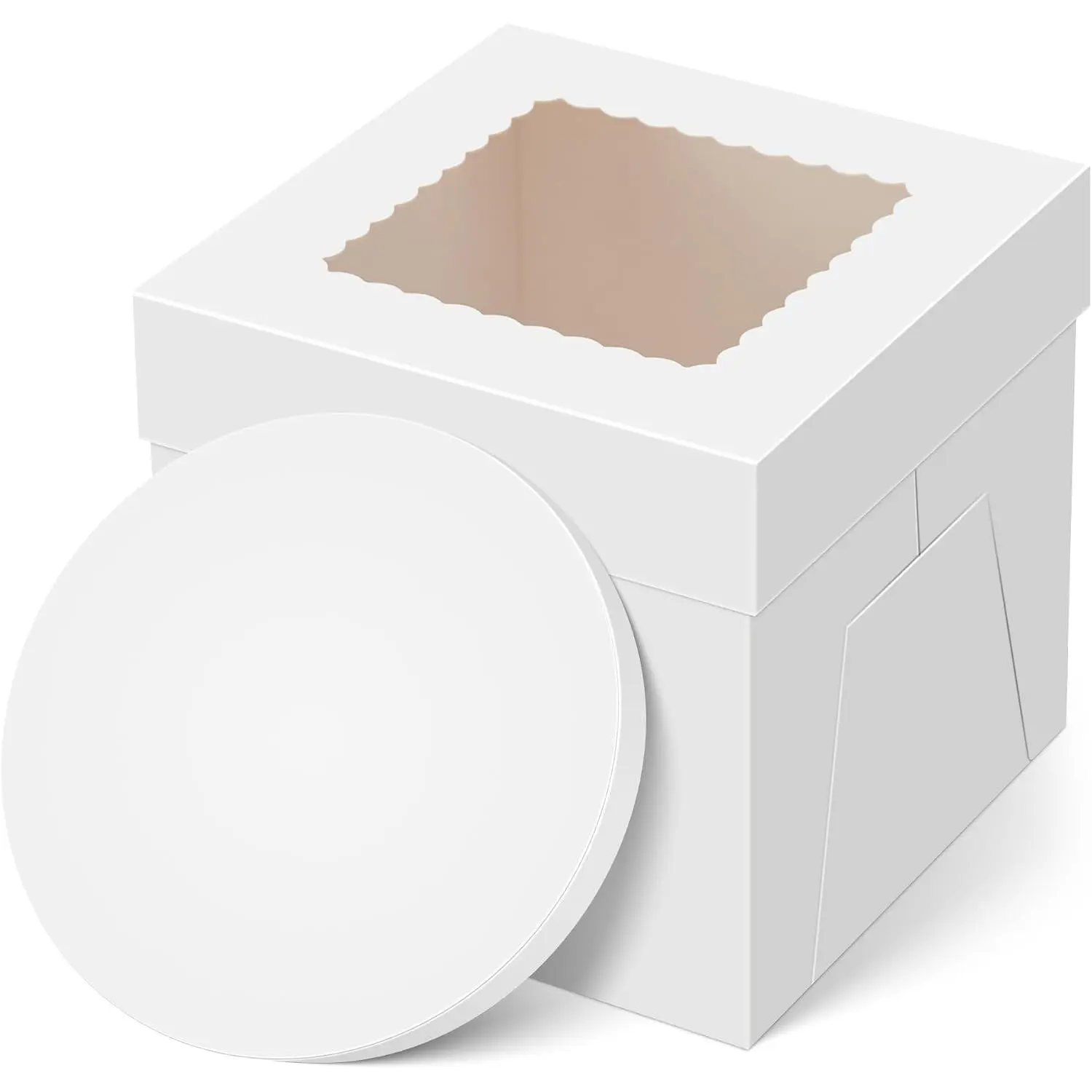 8 inch Cake Box with Board Drum Cake Transport Container, 8x8x8 | Tall Cake Box 8in with Drum, Thick Cardboard, Disposable, White Cake Holder with Large Window, for Birthday Wedding Party