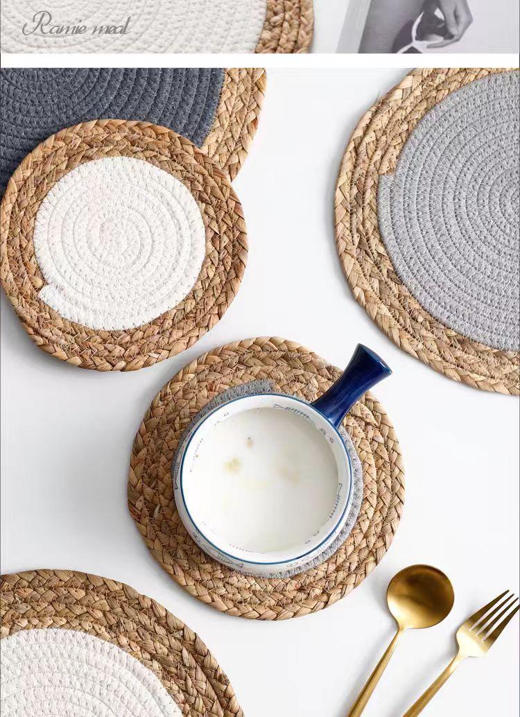 Warm-toned natural grass woven placemats, cotton rope heat-insulating placemats, decorative forest-themed coasters and plate mats