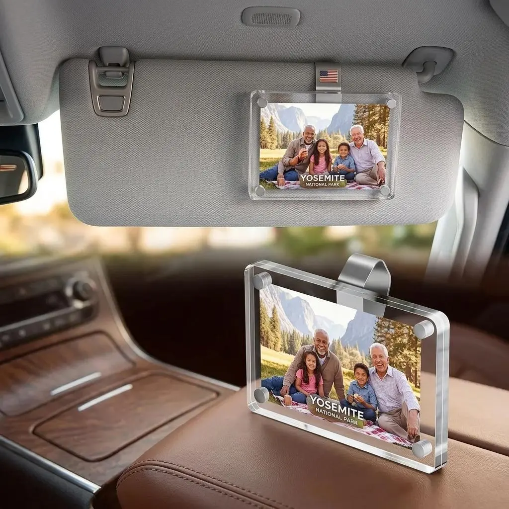 Clear Acrylic Magnetic Car Visor Photo Holder – Horizontal & Vertical Picture Frame Clip for Personal, Family, Pets, Travel Memories – Stylish Auto Decor Keepsake for Sun Visor