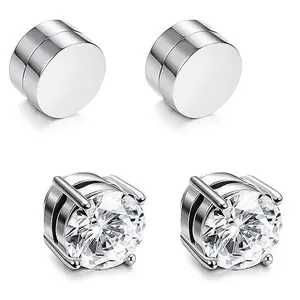 Non-Piercing 6/8mm CZ Stainless Steel Magnetic Earrings, Hypoallergenic, Super Strong Hold, Streetwear Silver Bling