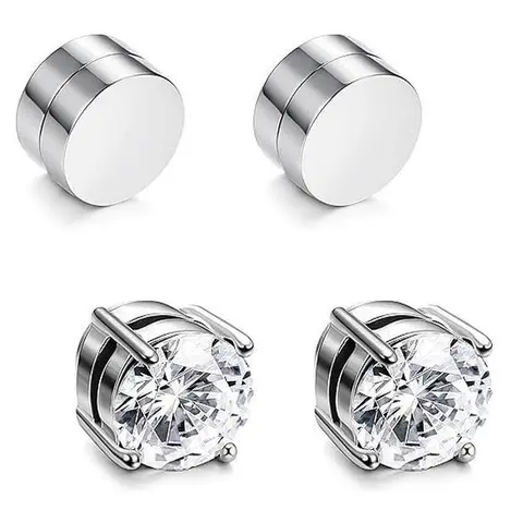 Non-Piercing 6/8mm CZ Stainless Steel Magnetic Earrings, Hypoallergenic, Super Strong Hold, Streetwear Silver Bling