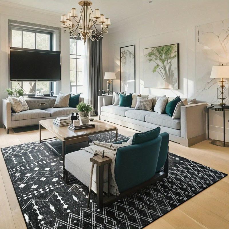 Moroccan Washable Rug 4x6, Black Boho Living Room Area Rug, Non-Slip Farmhouse Bedroom Carpet Dorm Room Throw Rug, Low Pile Soft Accent Mat for Kitchen Entry Office (Black,4'x6')