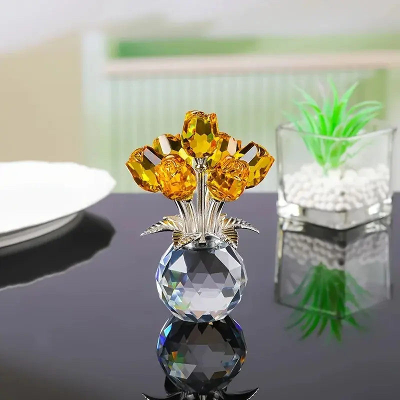 Glass Crystal Yellow Rose Bouquet Ornament - Citrine Wealth-Attracting Feng Shui Figurine, Desktop Decor, Women's Special Events Gift (Valentine’s Day, Birthday)