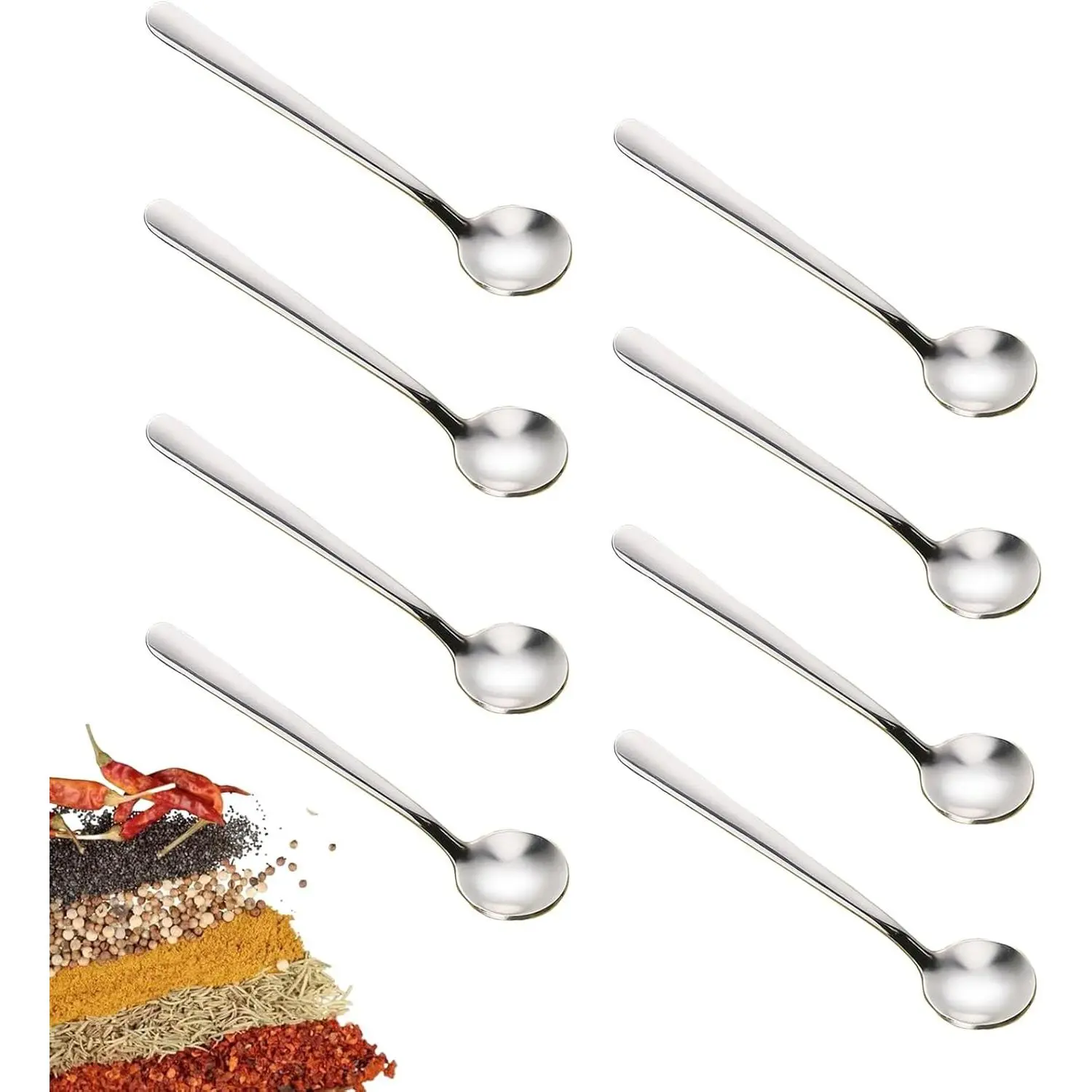 8 PCS 4.25" Mini Tiny Stainless Steel Silver Spoons for Spices Jars Small Condiment Spoon for Spices Salt Sugar Pepper Honey Tea Coffee Ice Cream