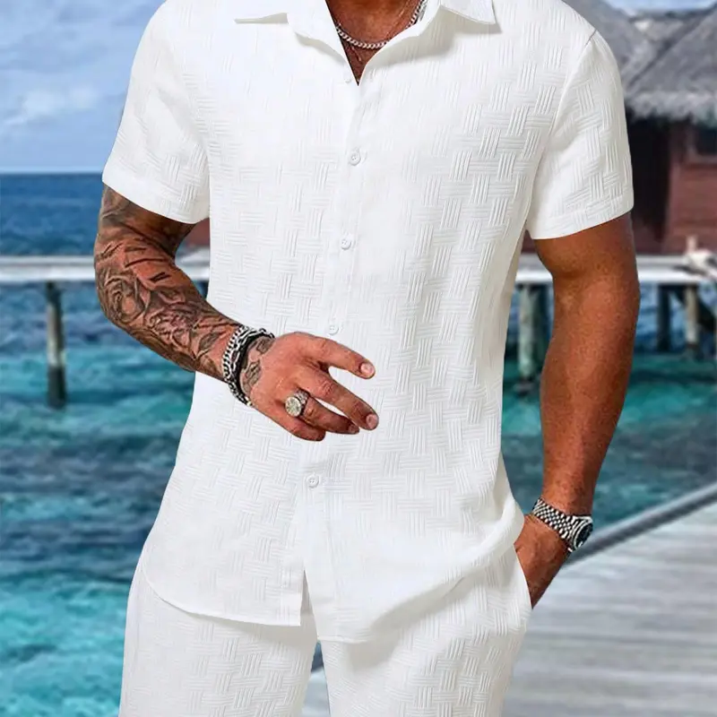 【Black Friday】Men's Regular-Fit Short-Sleeve Two-Piece Pajama Set, Casual and Comfortable Button-Up Top and Shorts, Summer Sleepwear, Loungewear, Solid-Color Casual Pajama
