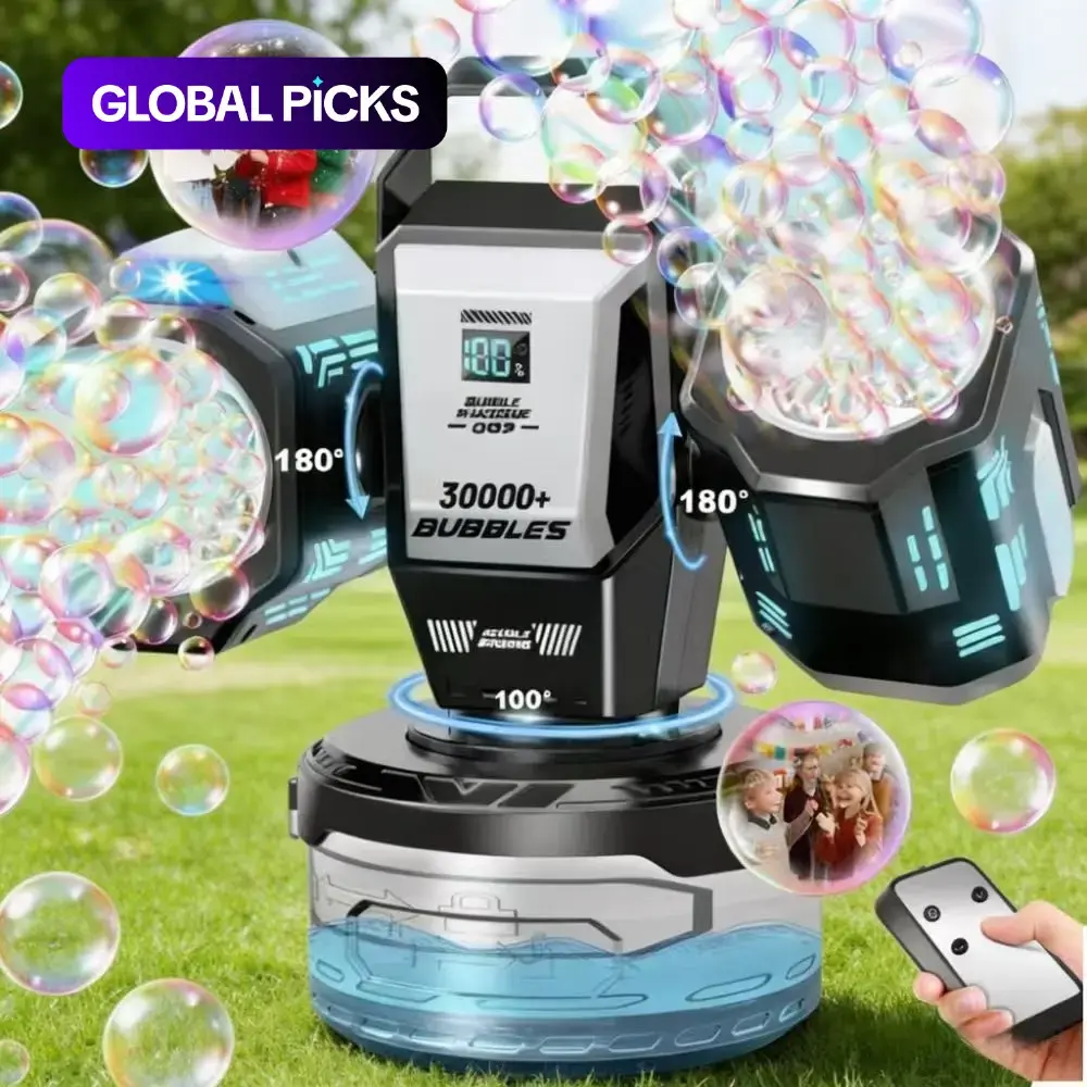 Dual Head Rechargeable Party Automatic Bubble Machine for Ages 3+, RGB Color Lights Remote Control, 360° Rotating Fast Bubbles, Includes 50ML Concentrated Liquid, Multifunction Bubble Maker #GLOBAL PICKS