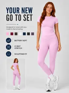 Women’s 2 Piece Workout Set Solid Color Crew Neck Short Sleeve Top and Pants Four Way Stretch Buttery Soft Comfortable Breathable Cooling Butt Lifting Tummy Control Yoga Set for Gym Pilates Training Outdoor Running Cycling Casual Versatile Fitness Outfit