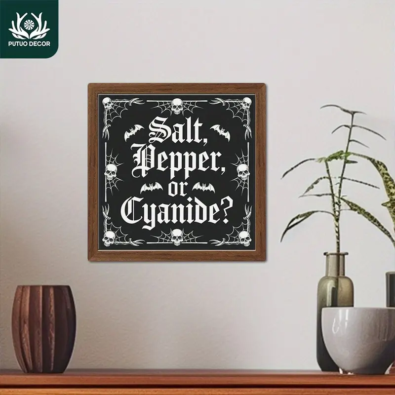 2D Flat, 1pc Gothic Kitchen Wall Art Plaque - Funny "Salt, Pepper, or Cyanide?" Decoration with Skulls & Bats, Vampire-Themed Hanging Sign for Home, Dining Room, Halloween Party - Artificial Wood Framed Poster for Horror Fans & Food Lovers, Goth