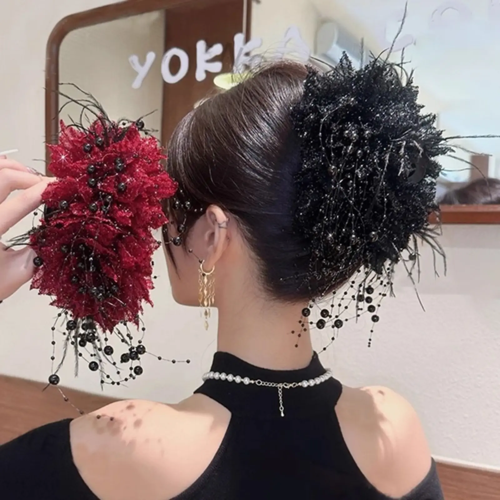 Luxury Peony Tassel Sequin Hair Claw Clip for Women, Elegant Large Shark Hair Clip, Premium Back Head Updo Hair Accessory, Sparkly Floral Hair Barrette for Daily Wear Wedding & Party Hairstyles