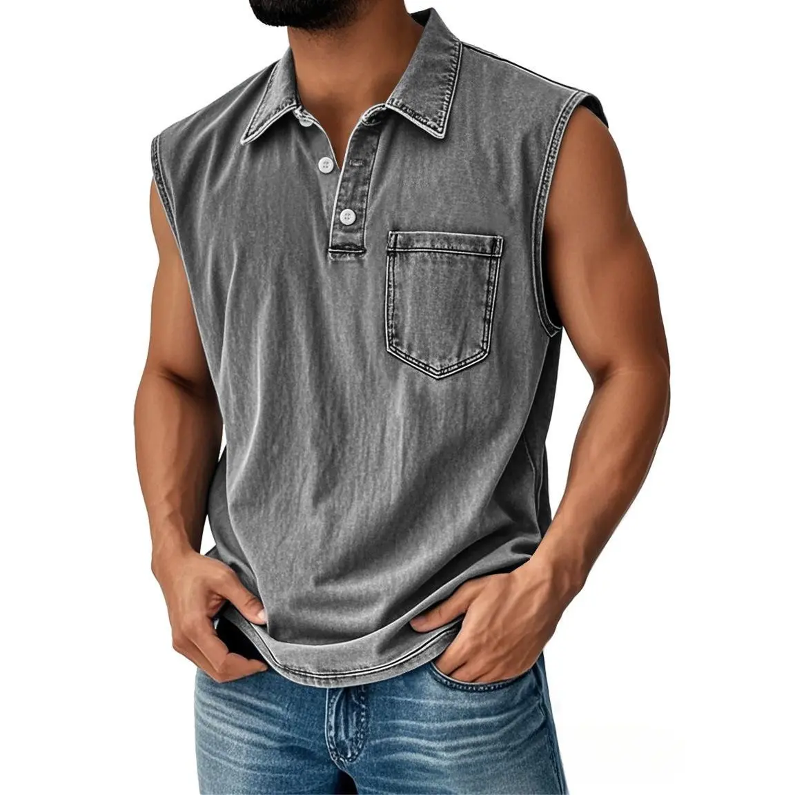 Men's Large Size Henley Shirt Sleeveless Fitness Sports Fitness Running Beach Vest Summer Vintage Button Cycling T-Shirt Vest