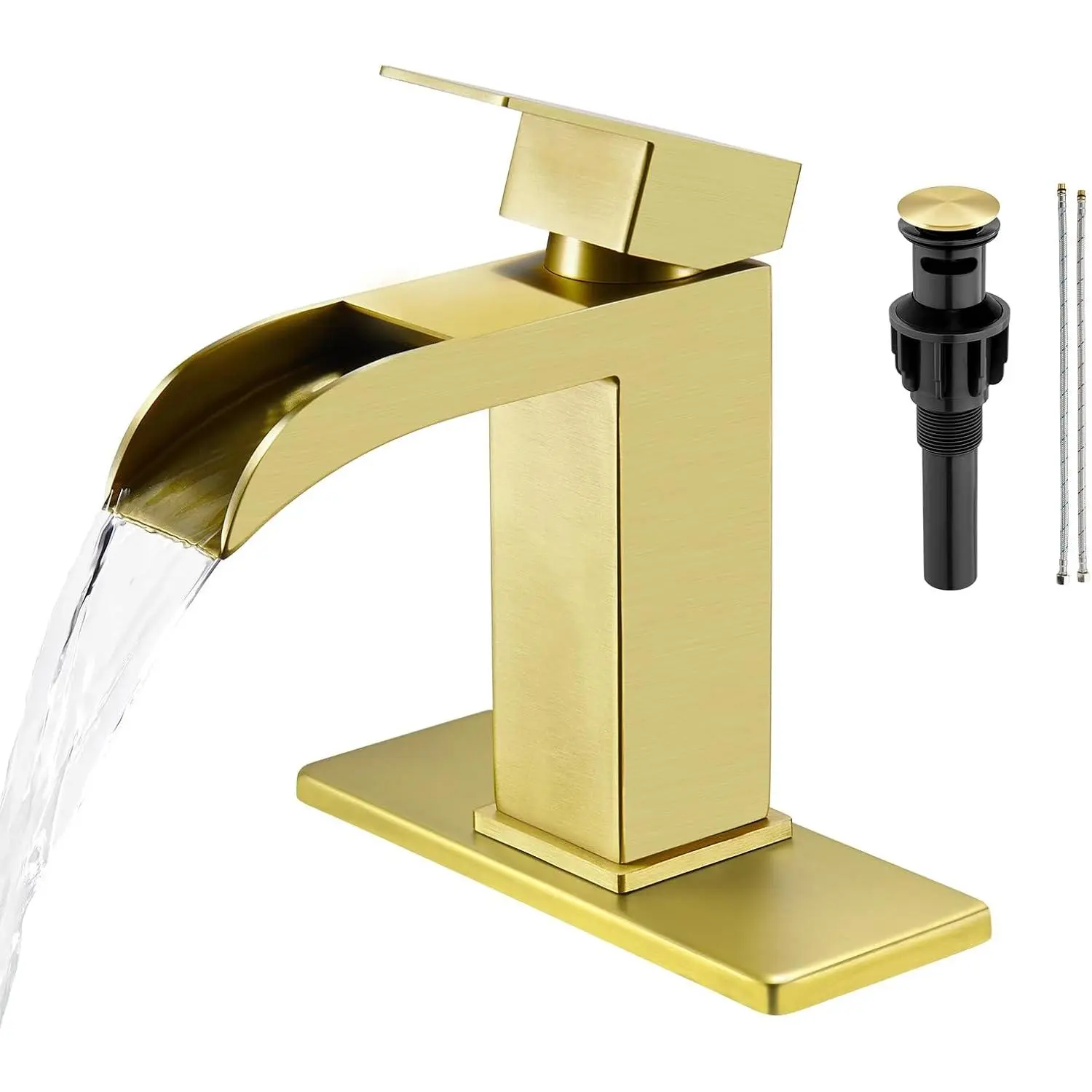 Brushed  Waterfall Bathroom Faucet, Single Handle Wide Spout Stainless Steel   Faucet with Pop Up Drain & Deck Plate for 1 or 3 Hole