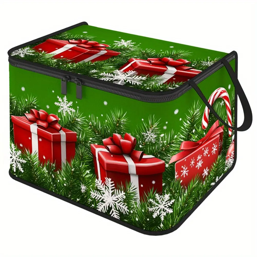 Christmas Theme Print Storage Box, Large Capacity Zipper Design, Ideal for Christmas Decorations, Miscellaneous Items, Clothes
