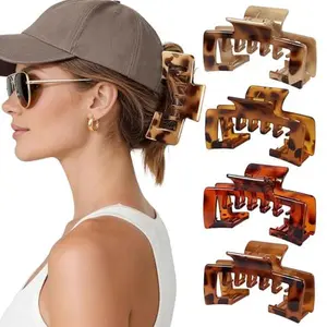 6PCS Tortoise Shell Hair Claw Clips for Baseball Hats Large Square Non Slip Jaw Clips for Women Thick Hair Strong Hold French Acrylic Hair Clamps