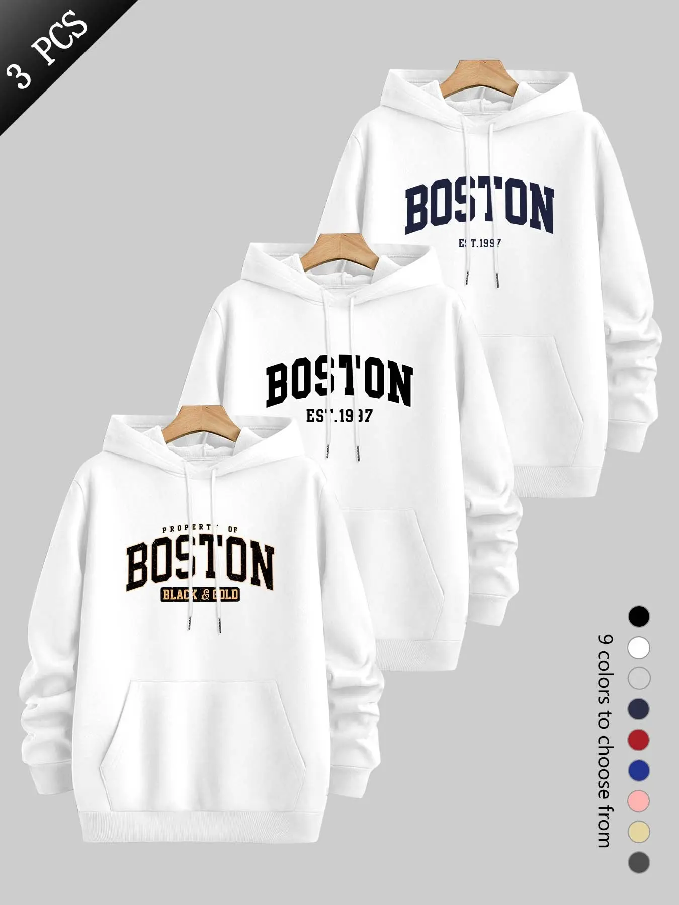 Men's Casual Hooded Sweatshirt, Boston Theme Print, Slim-Fitting Long Sleeve, Drawstring Pockets, Fall & Winter Streetwear, 3-Piece Set