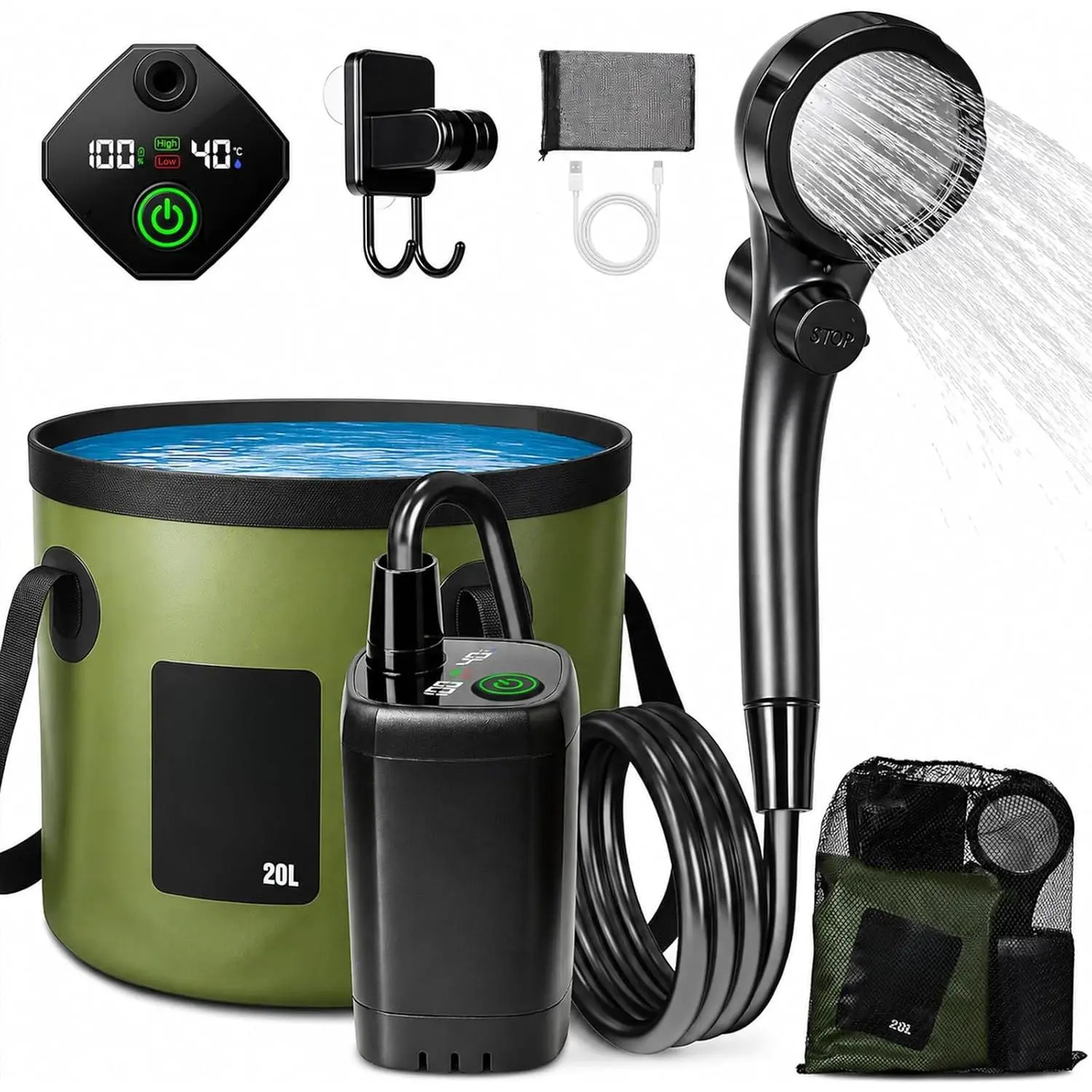 Portable Shower for Camping, 6000mAh Rechargeable Camp Shower Pump with Large Capacity Foldable Bucket, Filtered Shower Head, Outdoor Camping Shower Kit for Travel, Pet Bath, Car Washing