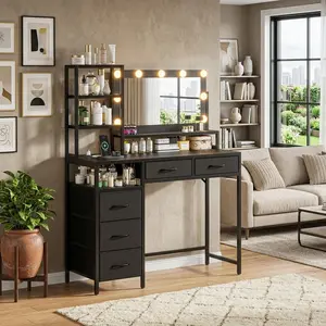 Household LED Vanity Dressing Table With Light Up Mirror Adjustable Brightness 3 Light Styles 5 Spacious Storage Drawers Open Shelf Design Modern Beauty Makeup Desk For Bedroom Daily Use