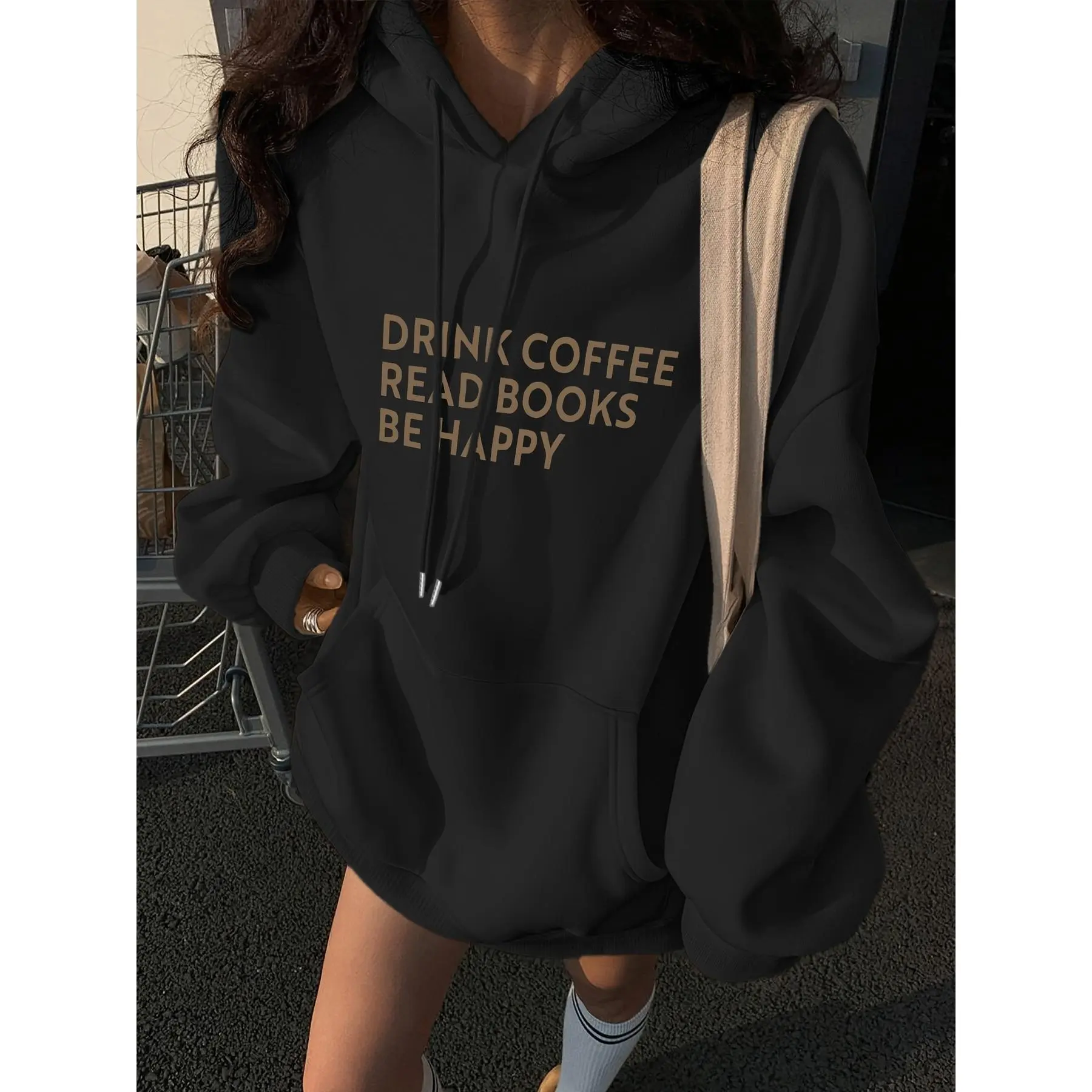 Happy Coffee Reading, Coffee LoverMonogram Printed T-ShirtMonogram Printed Hooded Sweatshirt, Printed Hooded Sweatshirt, Drawstring Casual Hooded Sweatshirt, Fall/Winter Women'S Clothing