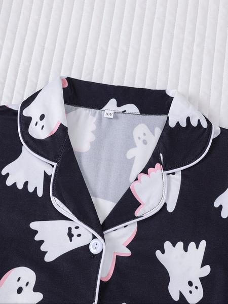 Halloween Children's 2-Piece Pajamas Set, New Halloween Bat Pumpkin Head Ghost Star Cardigan Short Sleeve Shorts,'s Medium and Large Pajamas for Party, Daily Wear, Vacation Home Clothes 2-Piece Pajamas Set