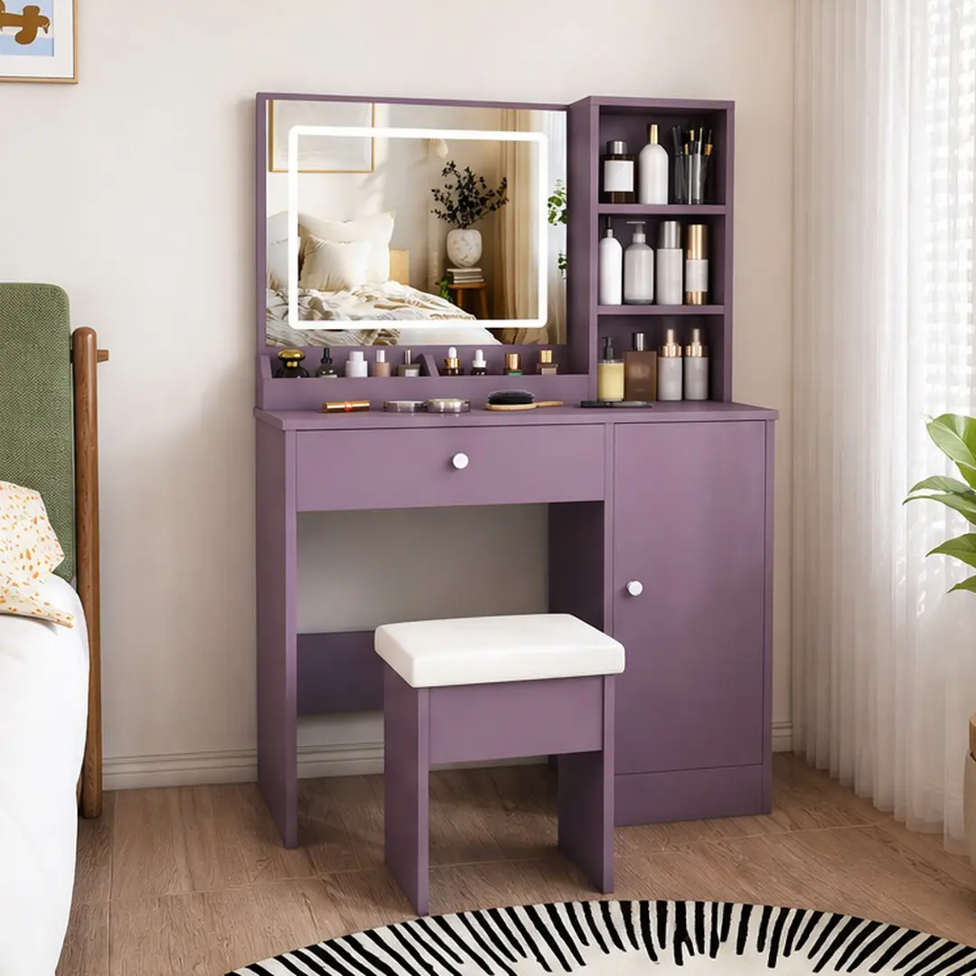 ARCH Purple Glam Compact Contemporary Illuminated Vanity Desk Set - MDF Mirrored Dressing Table with Padded Stool, Adjustable Dimmable LED Mirror (3 Color Modes), Drawer, Storage Locker for Bedroom Vanity Organization, 35.43w x 53.54d x 15.75h in, 67.24lb