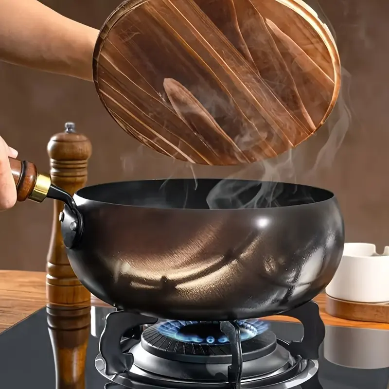 1PC Heavy Duty Pre-Seasoned Cast Iron Dutch Oven with Lid Solid Wood Handle Heat Resistant Durable Camping Cooking Pan for Outdoor Indoor BBQ Frying Baking Compatible with All Stoves Oven Safe Kitchen