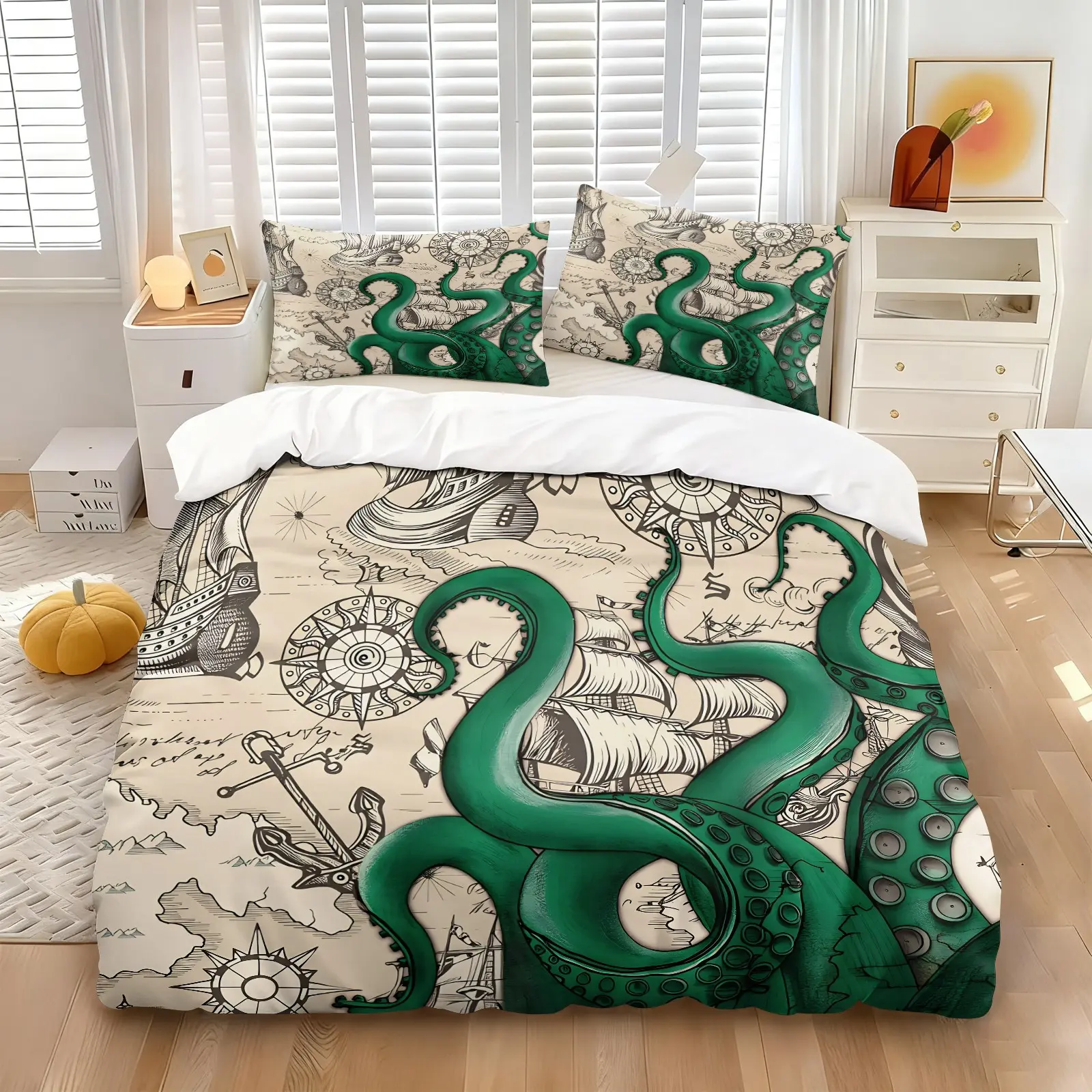 Kraken Retro Sailing Duvet Cover Set-1 Duvet Cover & 1-2 Pillowcases No Core-Black White Nautical Elements & Deep Teal Kraken Tentacles-Soft Breathable Easy Care-Boys' Bedroom/Pirate-Themed Hotel Decor