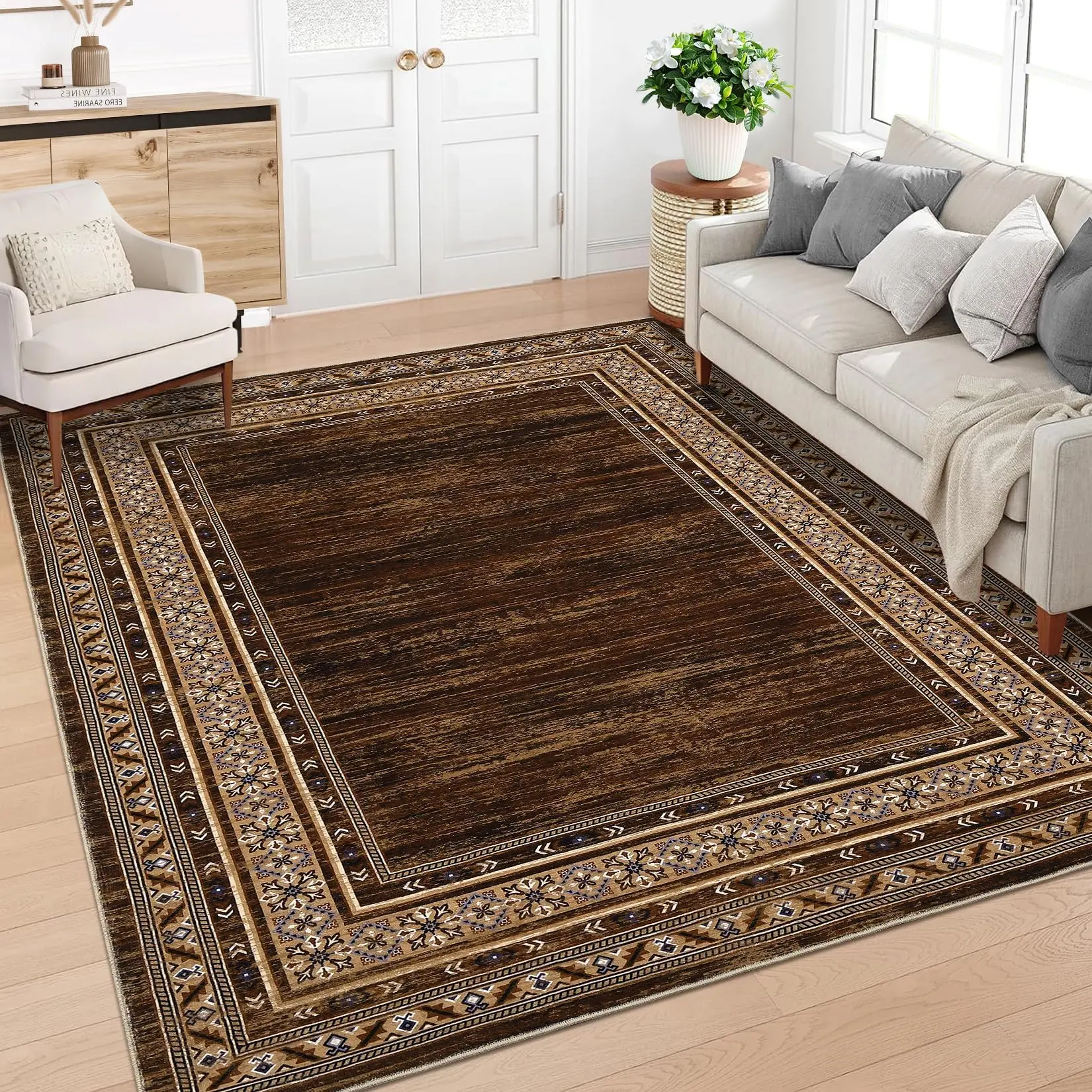 GARVEE Area Rugs for Living Room, 5x7 Washable Modern Rug for Bedroom, Indoor Contemporary Large Dining Room Rugs, Geometric Bordered Floor Cover for Home Office Decor, Red Brown