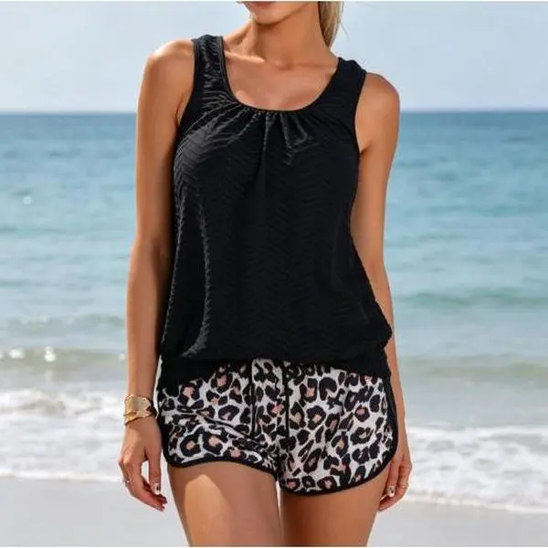 Women's 2-Piece Tankini Beach Wear Set, Scoop Neck Chevron Textured Fabric Tank, Leopard Print Drawstring Shorts, Loose Fit Summer Swimwear