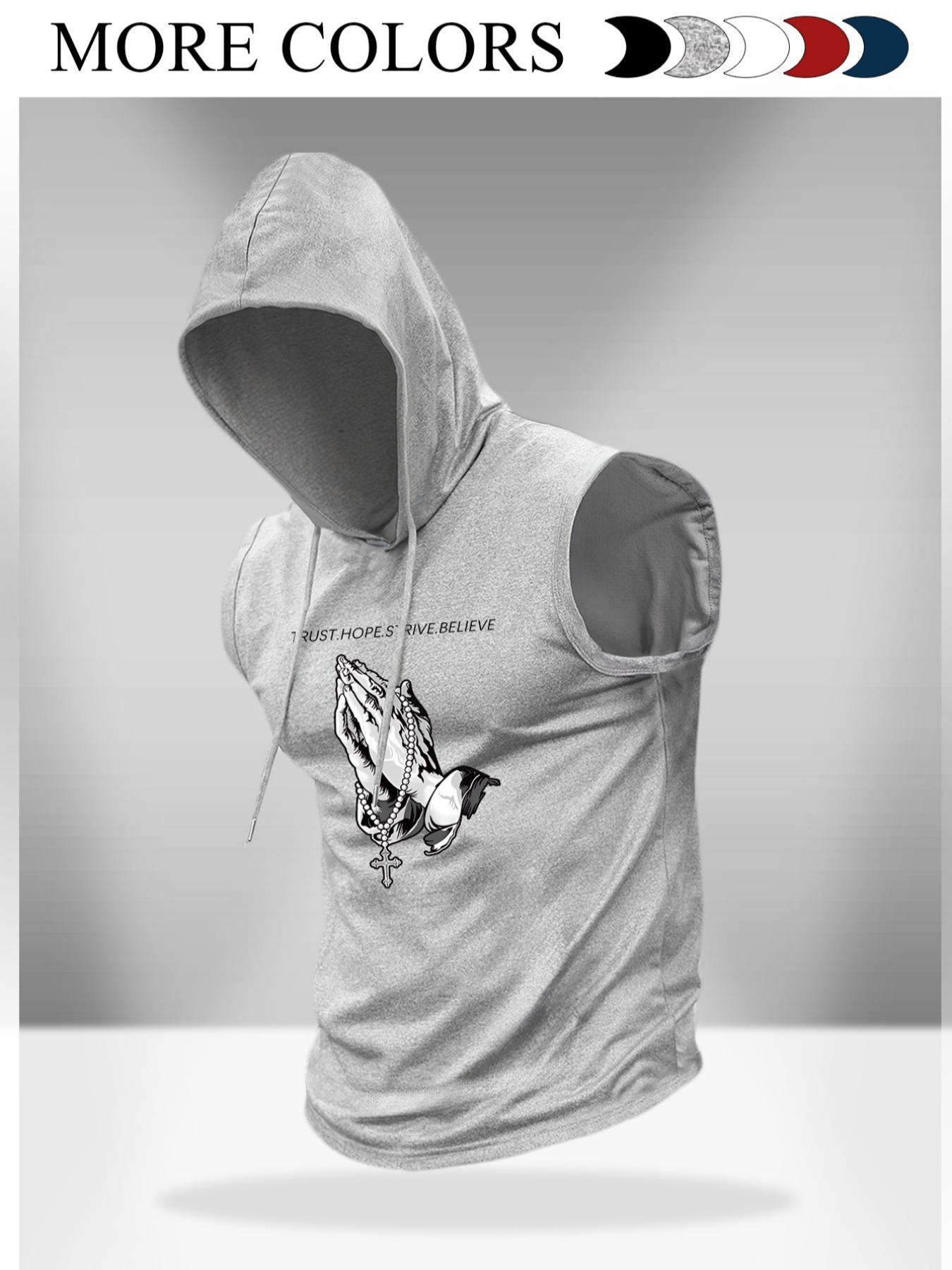 Men's Regular Fit Cross Print Hooded Tank Top, Casual Sleeveless Graphic Hoodies Vest for Summer, Men's Top for Daily Wear, Sweatshirts