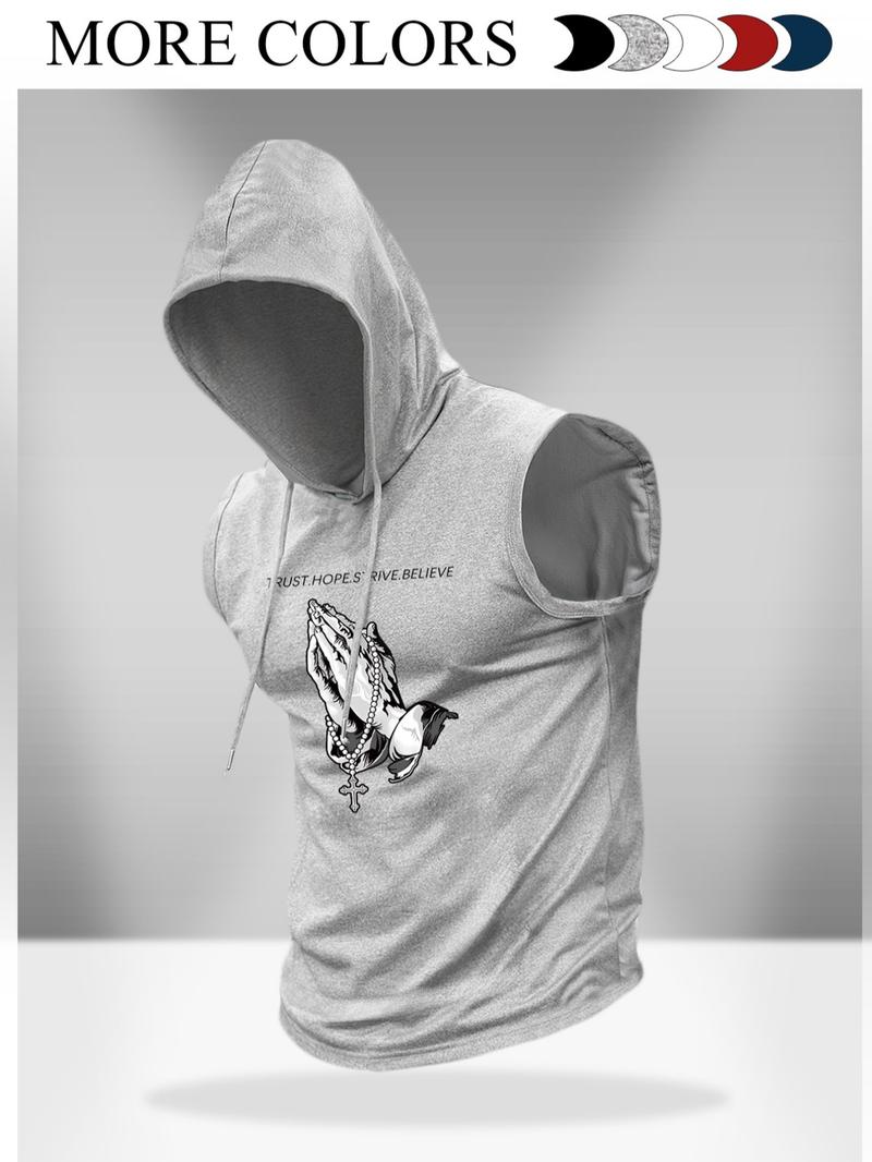 Men's Regular Fit Cross Print Hooded Tank Top, Casual Sleeveless Graphic Hoodies Vest for Summer, Men's Top for Daily Wear, Sweatshirts