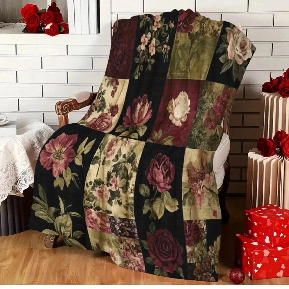 1pc Vintage Floral Patchwork Blanket - Elegant Rose And Peony Print, Soft Fleece Fabric, All-Season Bed Sofa Camping Travel Throw - Burgundy Black Golden Retro Design Multi-Color Floral Pattern, Luxurious Home Decor Gift, Vintage Blanket