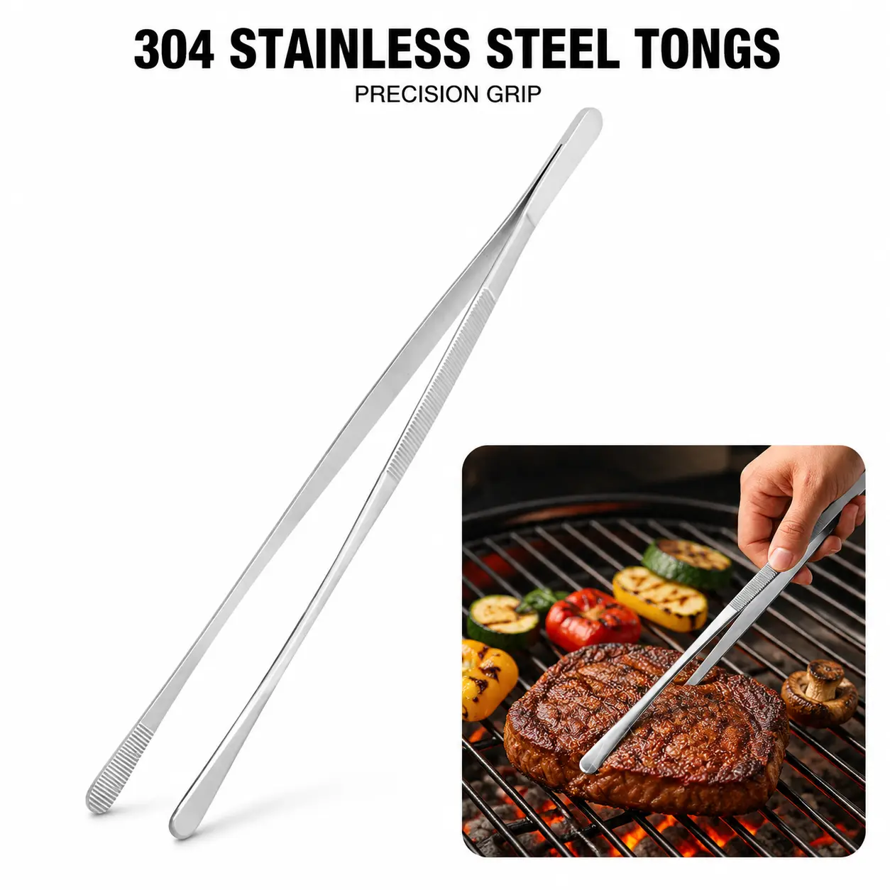 Fine Long Tweezer Tongs Professional Black Set, Stainless Steel for Kitchen Utensils , Food, Cooking, Repairing, Sea food and BBQ-YY1