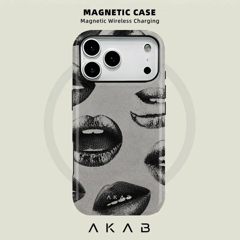 AKAB Black White Lipstick Kiss Pattern Film 2-in-1 Magnetic Phone Case for iPhone 17 16 15 14 13 12 11 Pro Max Plus Air, Dual-Layer Full-Coverage Drop-Proof, Wireless Charging Compatible