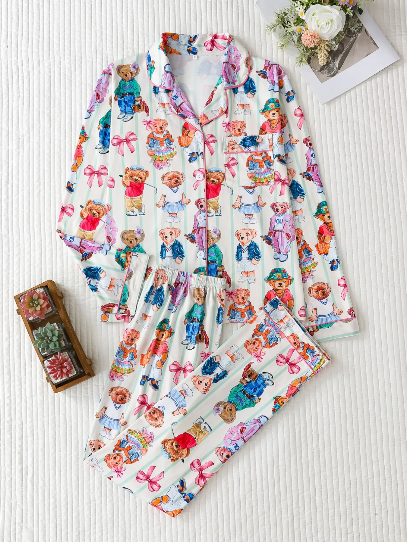Two-Piece Retro College Style Pajama Set, Cute Teddy Bear Bow Print, Soft Smooth Fabric, Long Sleeve, All Seasons, Women's Sleepwear