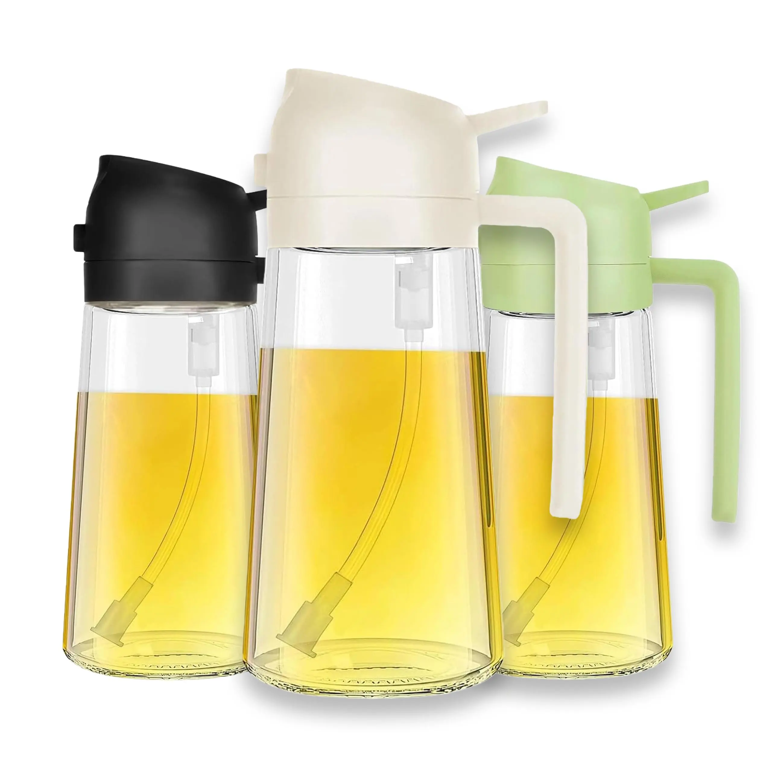 Nifogo 3PCS Minimalist Modern 2-in-1 Oil Sprayer-Oil Dispenser, 470ml/16oz Food Grade Glass Transparent Body Kitchen Utensils, Thoughtful Gift for Cooking, Air Fryer (White&Green&Black)