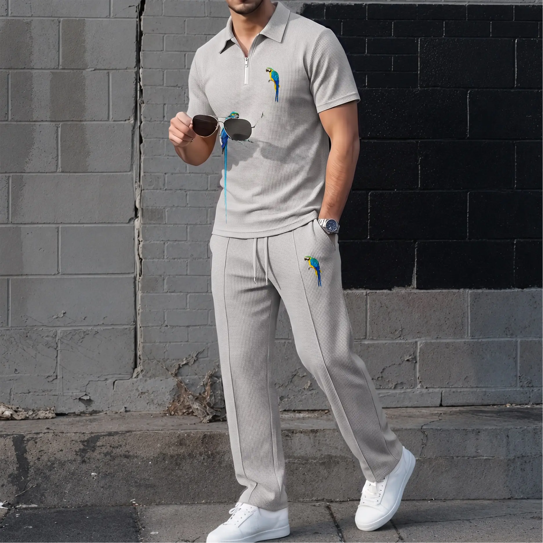Men’s Parrot Print Waffle Fabric Zip Collar Polo Shirt and Pants Set, Short Sleeve Polo Top with Matching Drawstring Trousers, Casual Two Piece Outfit