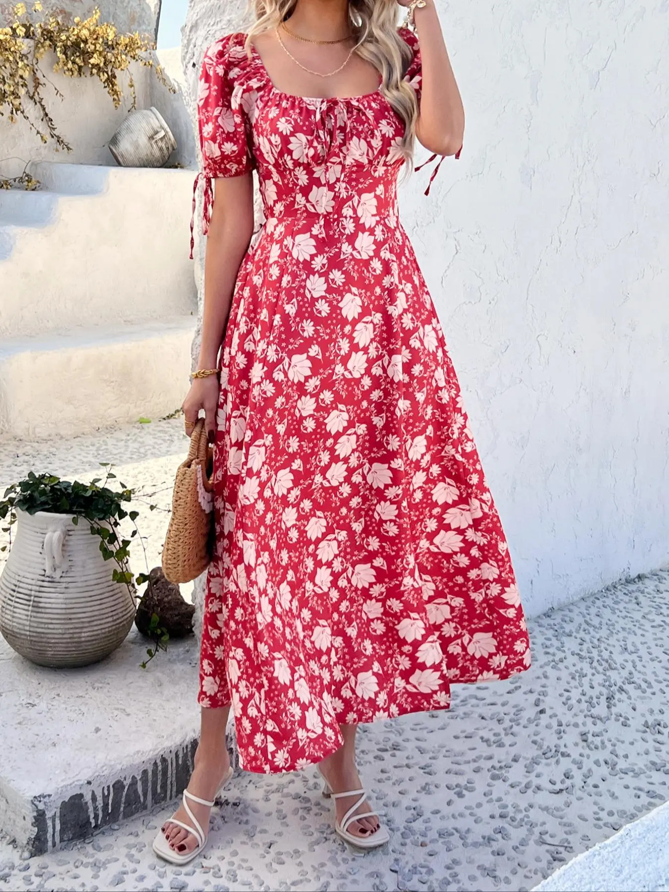 Women's  Floral Print Tie Front  Dress, Boho Bohemian Fashion Casual  Dress for Beach Holiday Vacation, Ladies Summer Clothes, Boho Fashion Sundress
