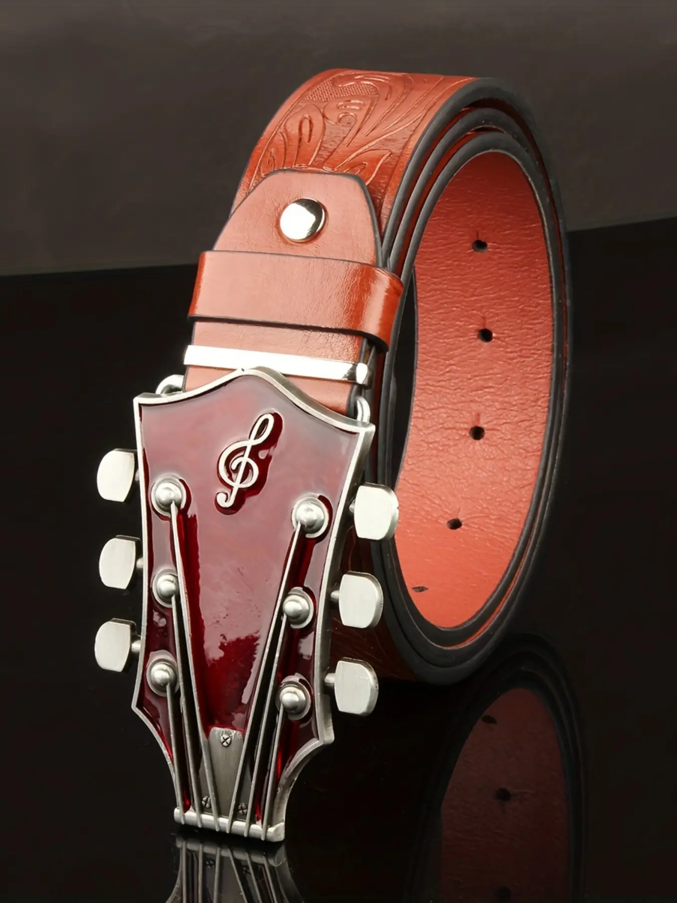 Guitar Head Buckle Leather Country Belt, Retro Western Embossed Waist Belt, Adjustable Music Style Western Belts for Men & Women, Jeans & Casual Wear